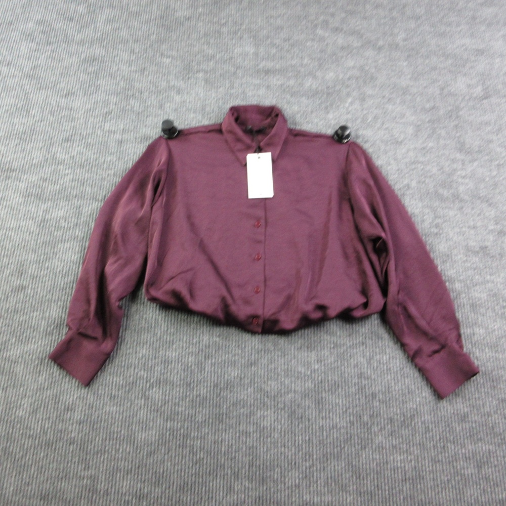 Zara Blouse Womens M Purple Satin Collared Long Sleeve Elastic Waist Button NWT
